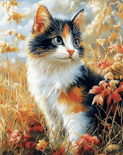 AxiangziK 12x16in Stamped Cross Stitch Kits for Beginners,Calico cat in the Grass DIY Cross Stitch Patterns Kits for Adults,11 CT Arts Craft for Home Decor