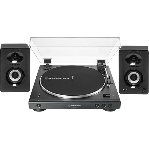 Audio-Technica AT-LP60XBT Fully Automatic Bluetooth Belt-Drive Stereo Turntable with Dust Cover, Die-cast Aluminum Platter Bundle with 3-Inch Powered Bluetooth Studio 20W Monitors Pair (2 Items)