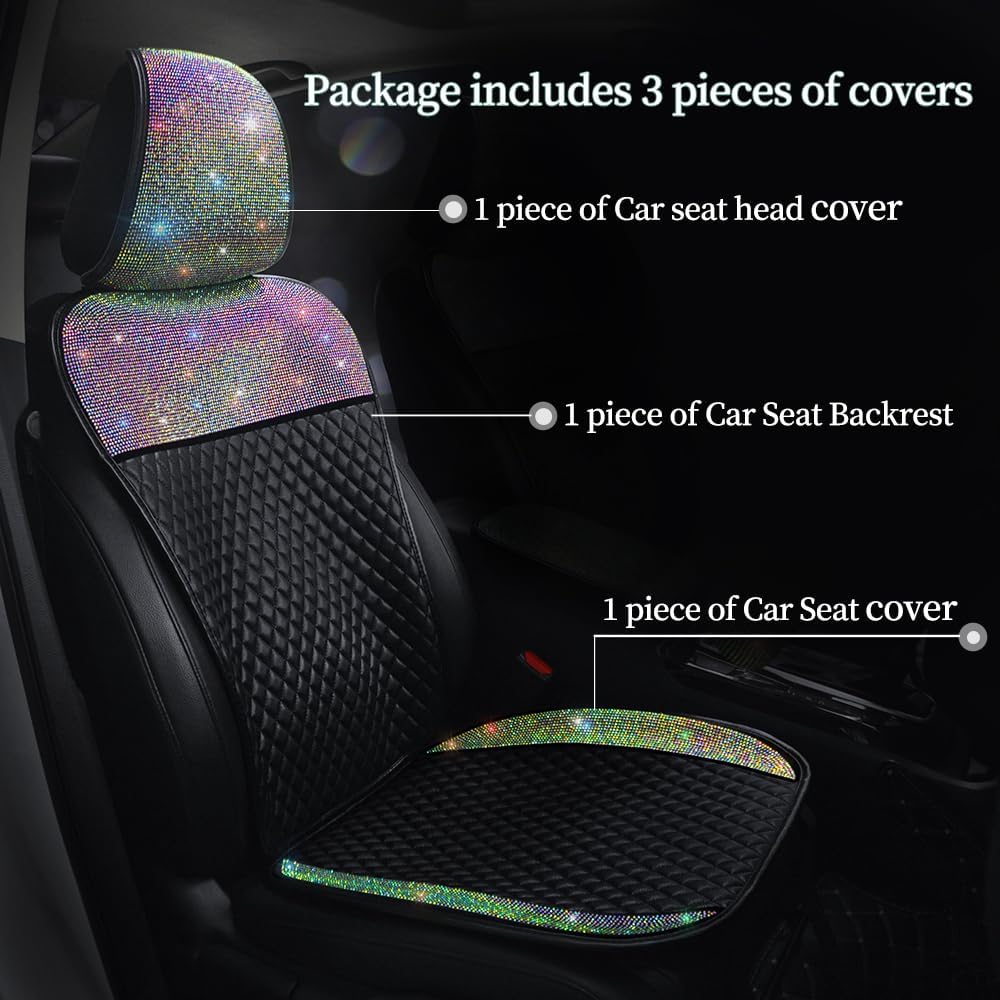 Luxury PU Leather Car Seat Cushion Pad Crystal Diamonds Handcraft Front Automotive Seat Protector Pad Universal Bling Rhinestones Vehicle Interior Accessories for Ladies Color 2 Seats