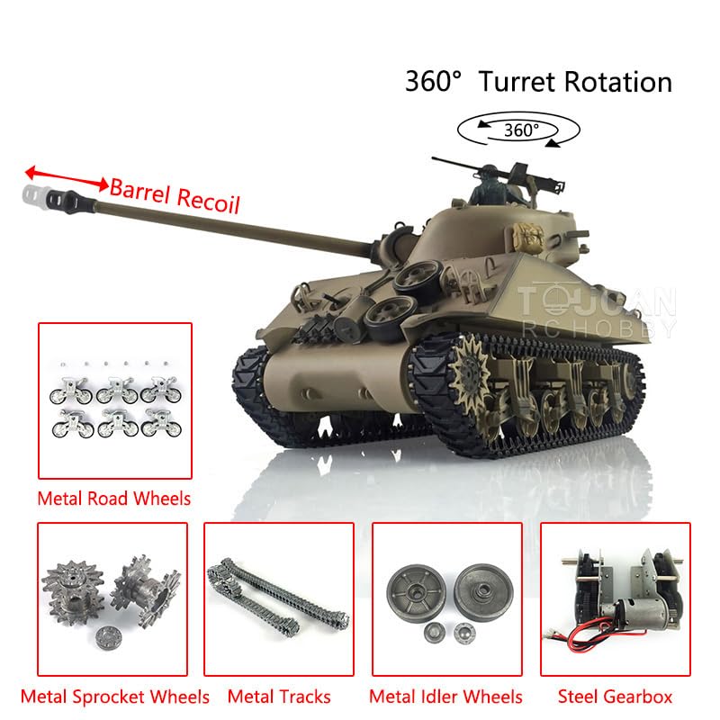 Henglong - Tanque Sherman RC 1/16 personalizado 7.0 M4A3 3898 Barril de retroceso de metal de 360° para Hobby BB Shooting Airsoft Tank que dispara