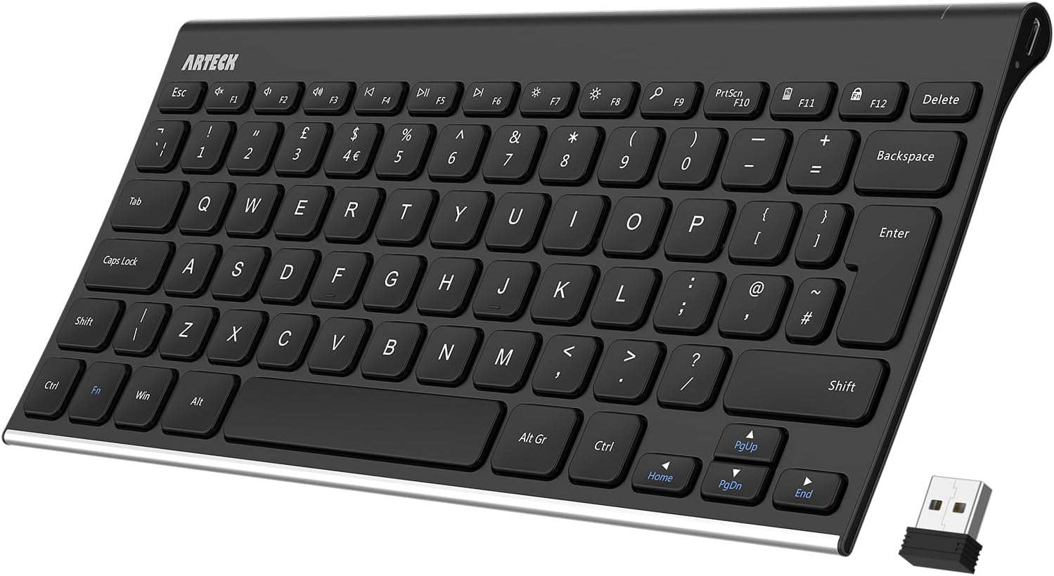 Arteck 2.4G Wireless Keyboard Stainless Steel Ultra Slim Full Size Keyboard for Computer/Desktop/PC/Laptop/Surface/Smart TV and Windows 10/8 / 7 Built in Rechargeable 6-Month Battery