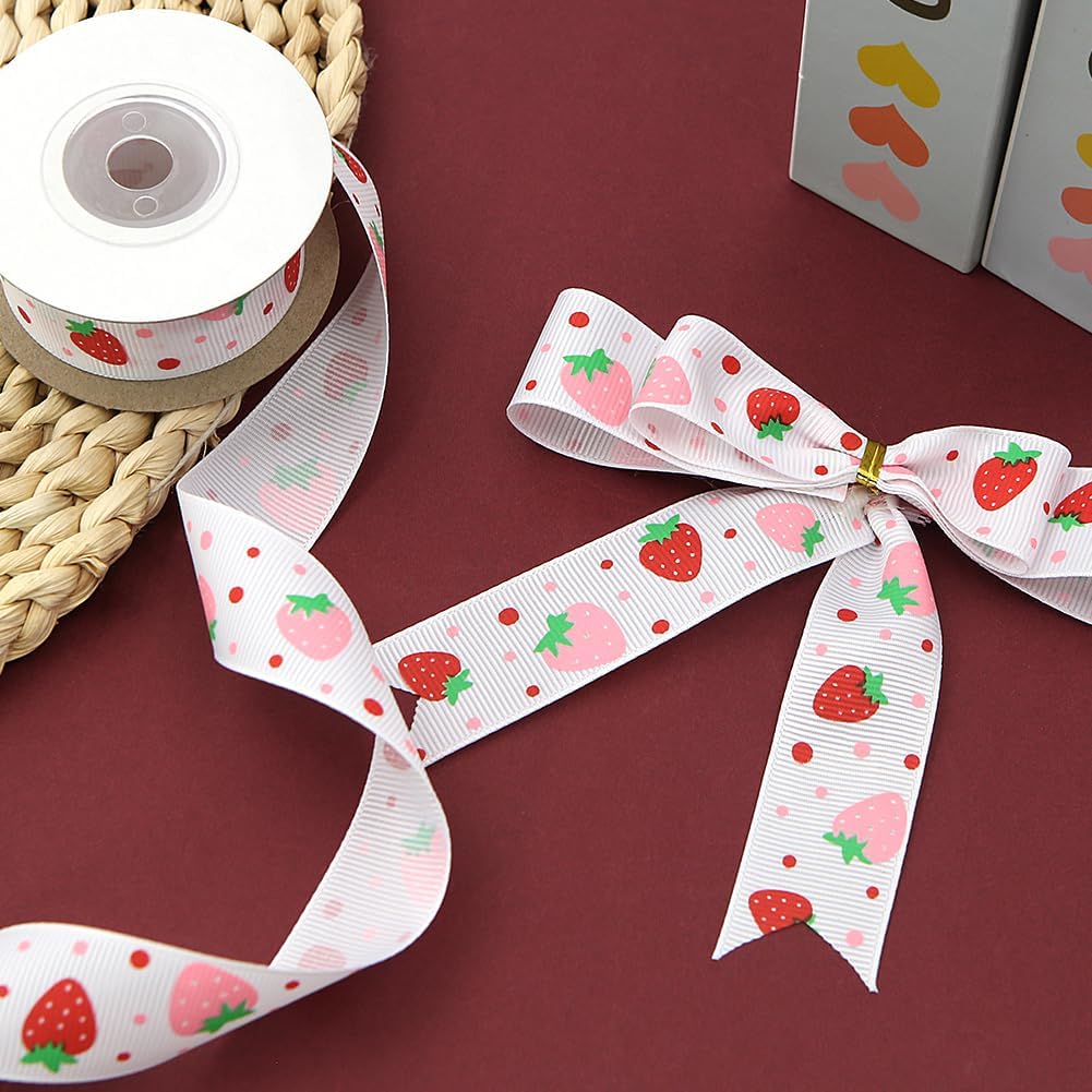 Pastel Red and Pink Strawberries with Polka Dot Grosgrain Ribbon, 1 inch x 5 Yards Fruits Ribbon for Spring and Summer Wreaths, Crafts, Trims, Hair Bow Making, Gift Wrapping (Pink) - Image 4