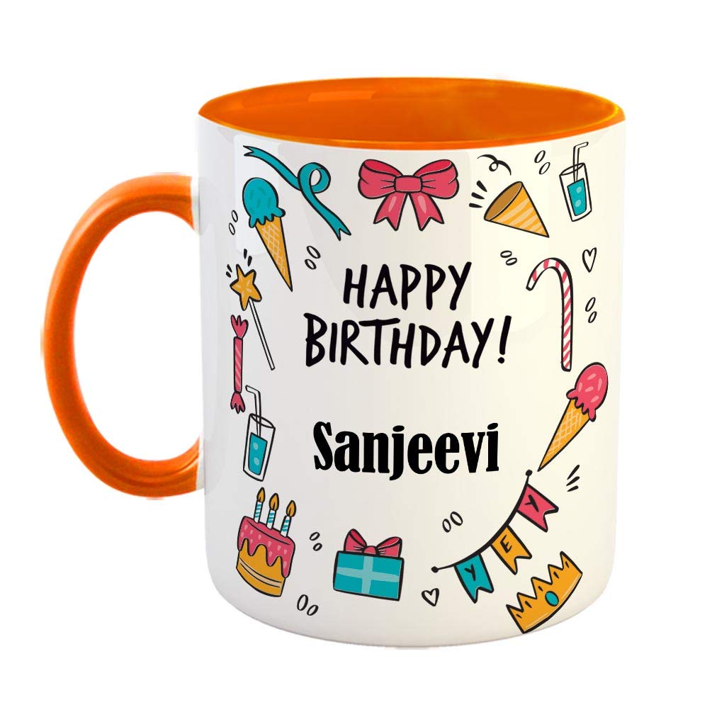 FurnishFantasy Ceramic Coffee Mug - Best Gift for Happy Birthday Mug , Color - Orange, Name - Sanjeevi
