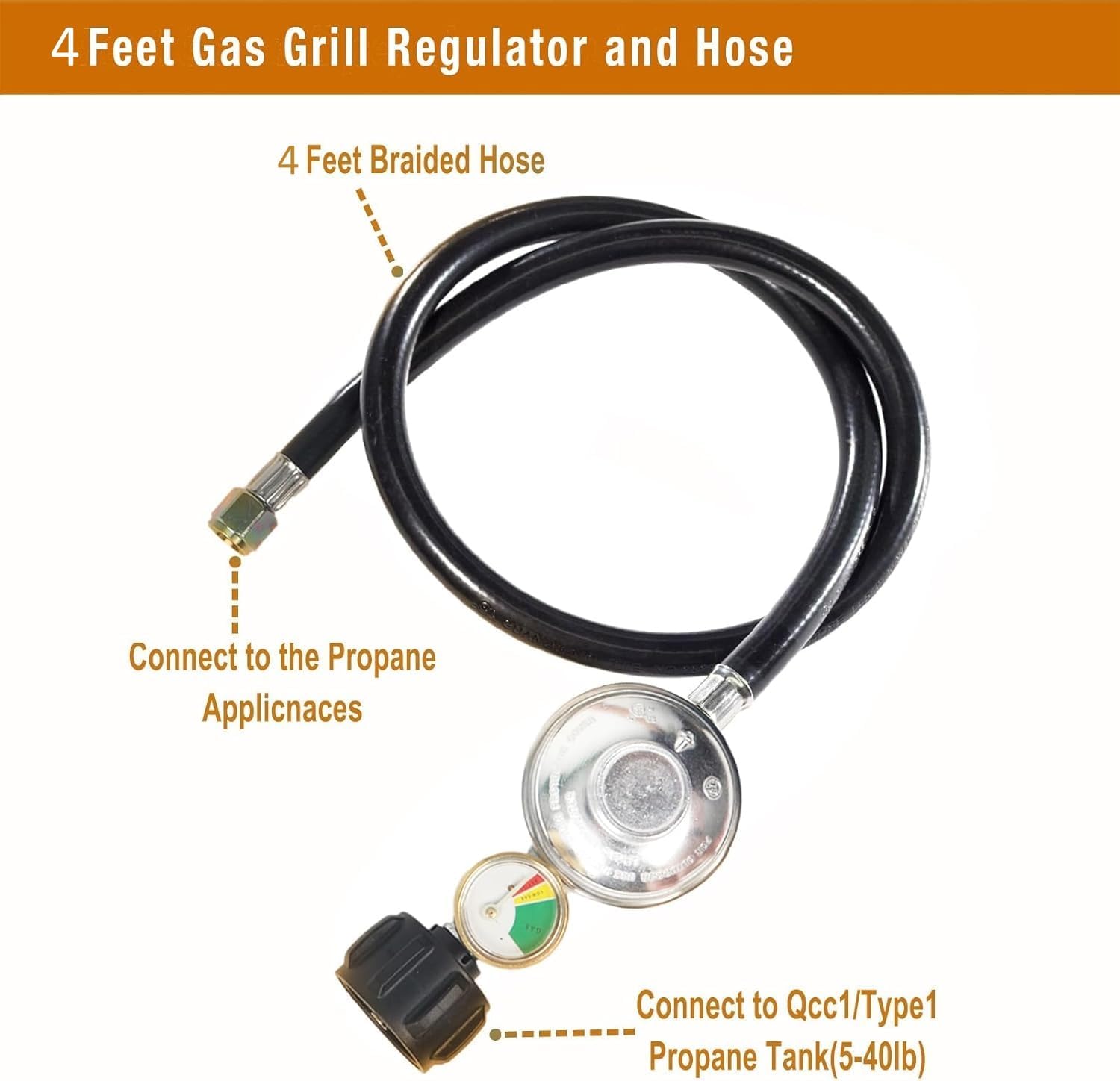 Propane Regulator Hose with Propane Tank Pressure Gauge for Weber Blackstone 28''/36'' Grills, Gas Grill Regulator Replacement Parts for Most LPG Grills Fire Pit Tables, 3/8” Female Flare Nut
