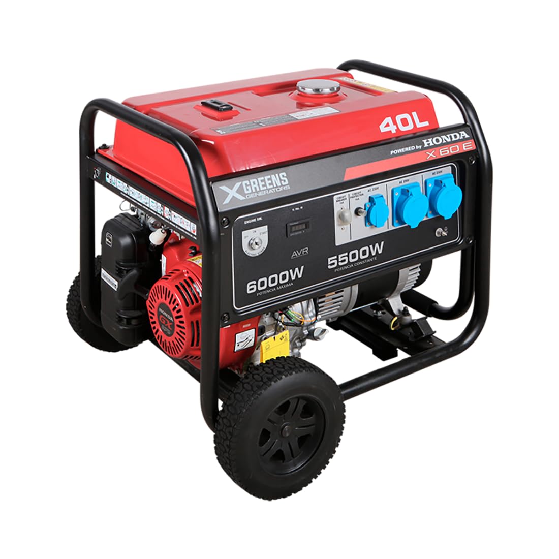 Generador de corriente (gasolina) X60E (máx. 6.000W, depósito 40 l, AVR, ruedas, eléctrico, ruedas, alerta aceite, monofásico, 3 tomas 230V, protección térmica y panel digital)