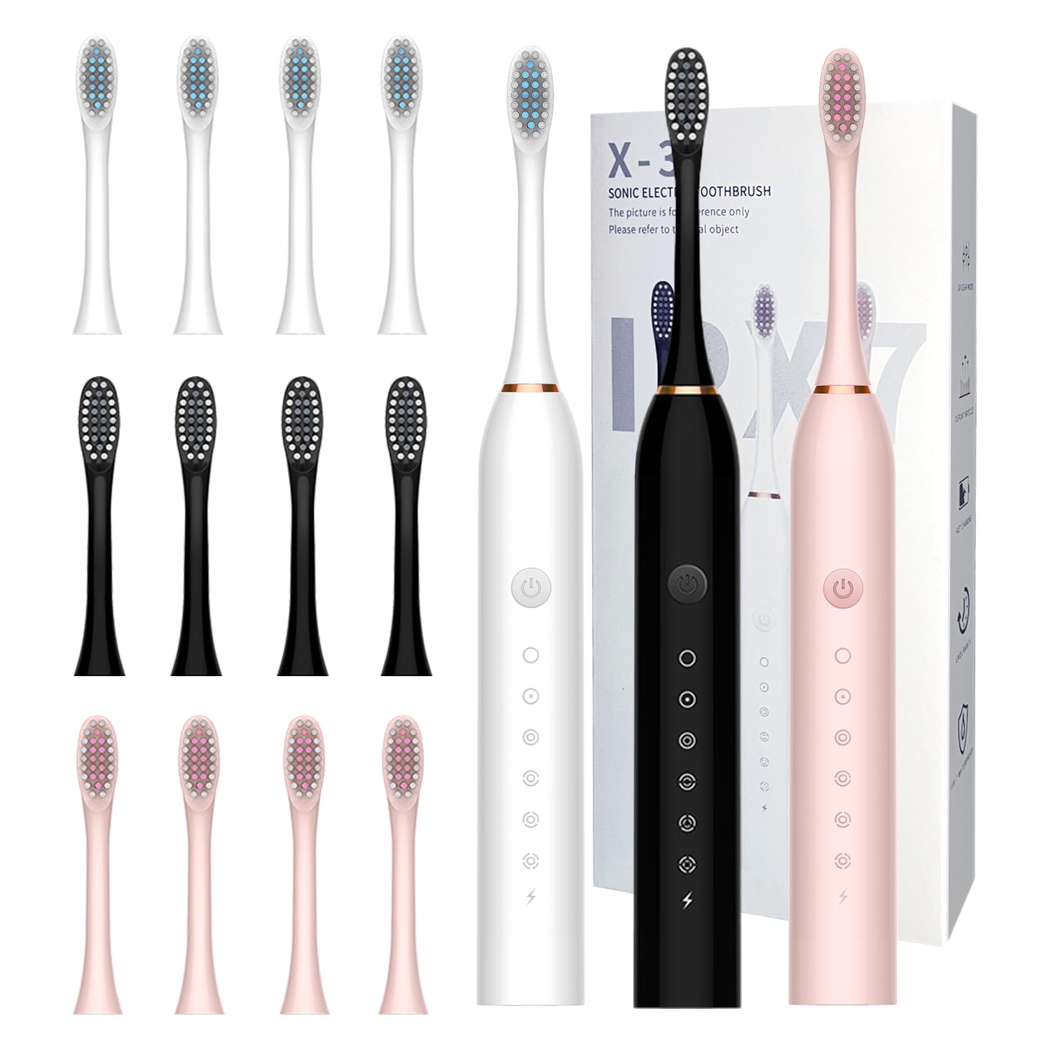 Paquete de 3 cepillos de dientes eléctricos con 6 modos, cepillos de dientes recargables con 12 cabezales de cepillo, carga rápida de 2 minutos y temporizador de 30 segundos