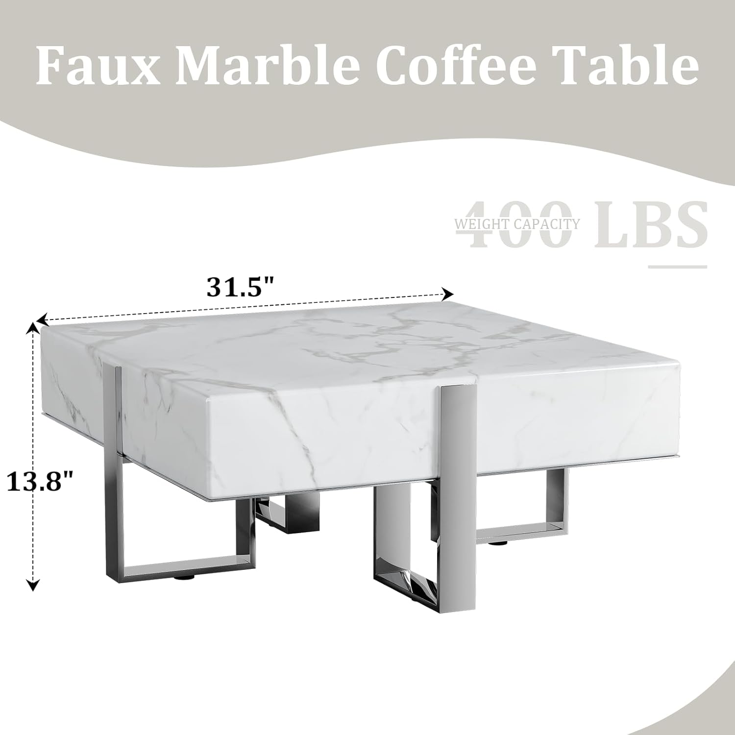 White and Silver Square Coffee Table for Living Room, Modern Luxury Coffee Table with Faux Marble Tabletop and Chrome Stainless Steel Legs for Apartment
