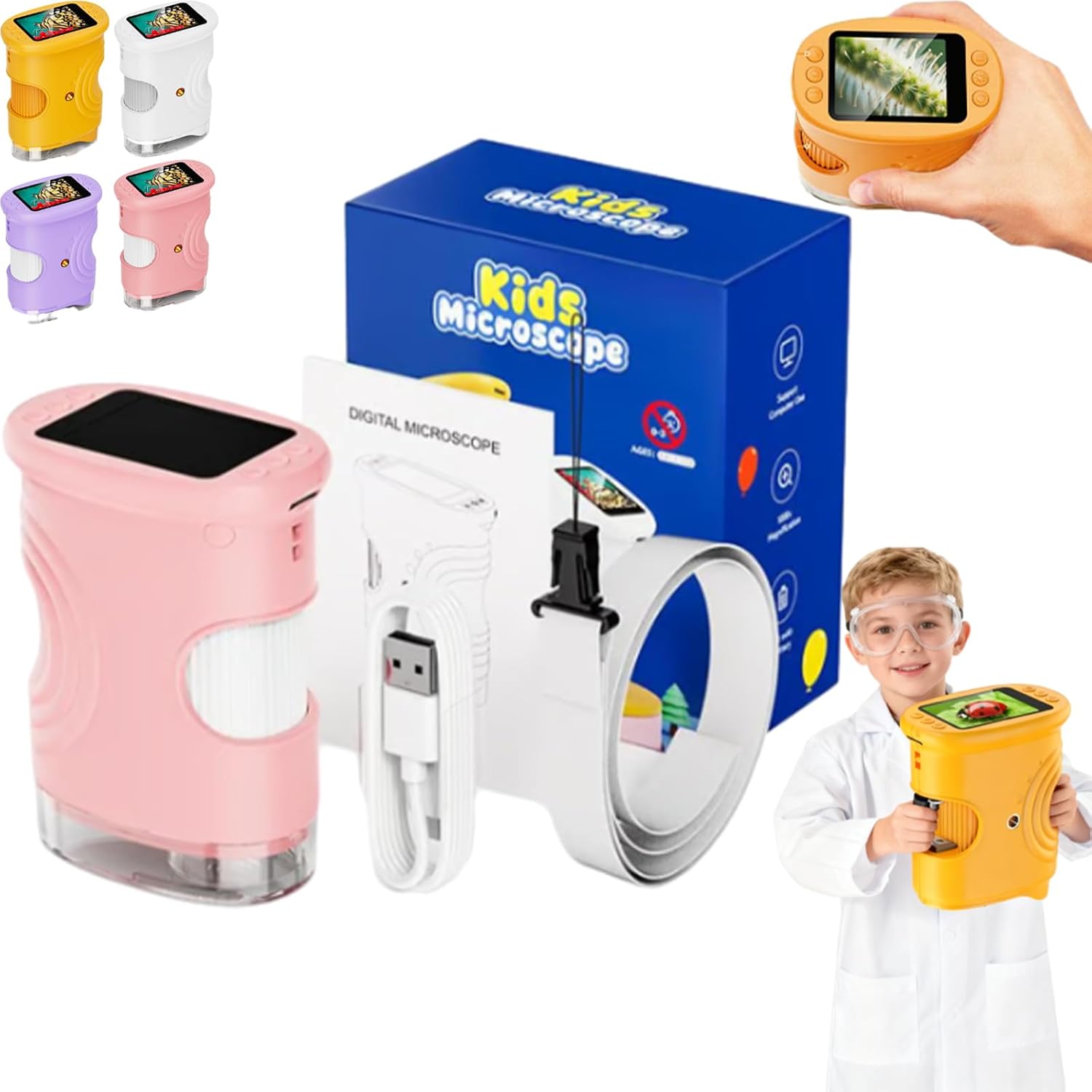 Kideo Microscope, 1000x Handheld Digital Microscope for Kids, 1000x 4k Pocket Portable 2.4" Screen Microscopes Toys, Portable Stem Toy with Photo & Video | Educational Science Gift (Yellow)