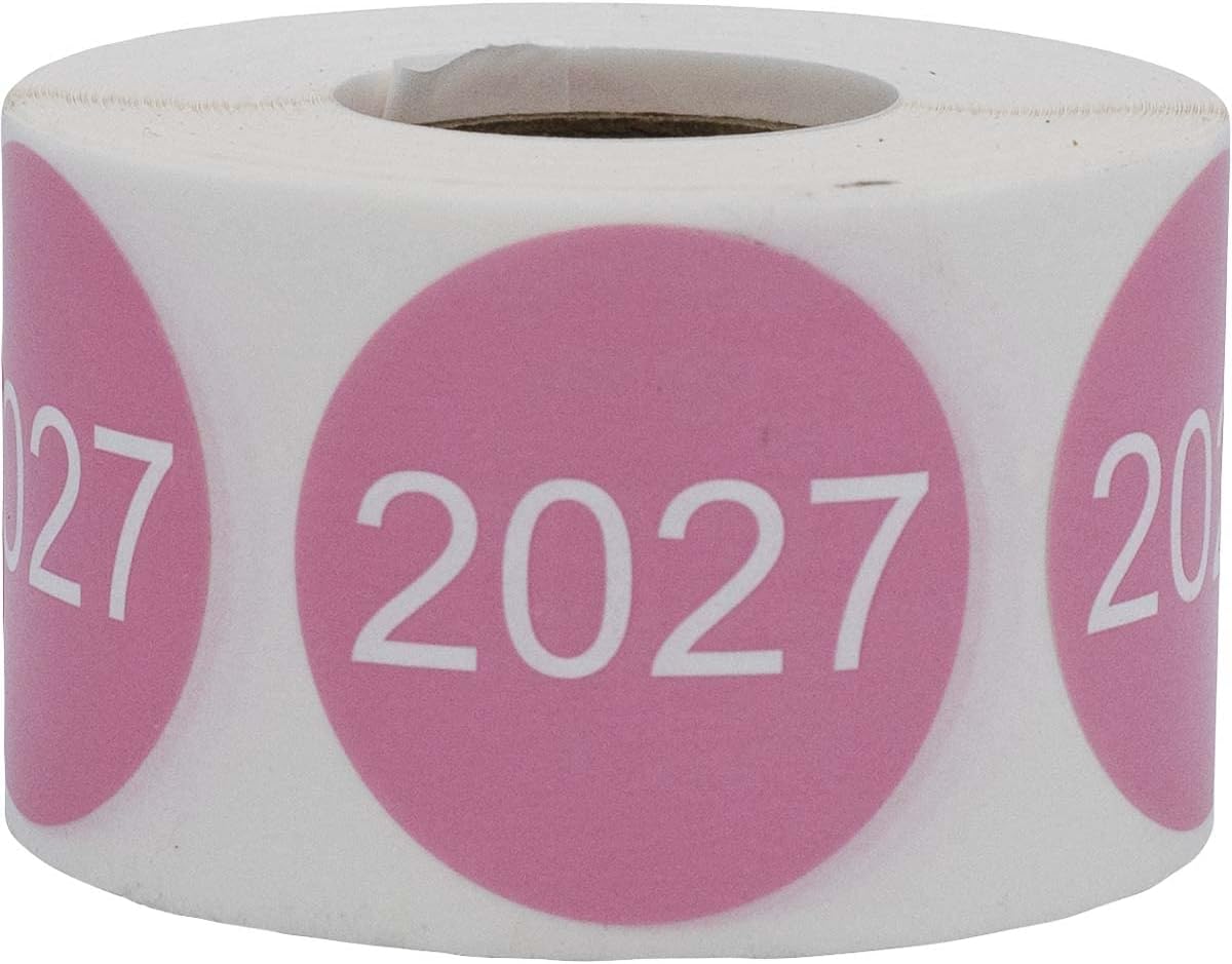 InStockLabels 2027 Year Stickers (Pink) - 1.5", 500 Round Stickers Per Roll – Round Labels for File Folders, Sticker Labels for End of Year Organization, Circle Stickers for Office & Home Use