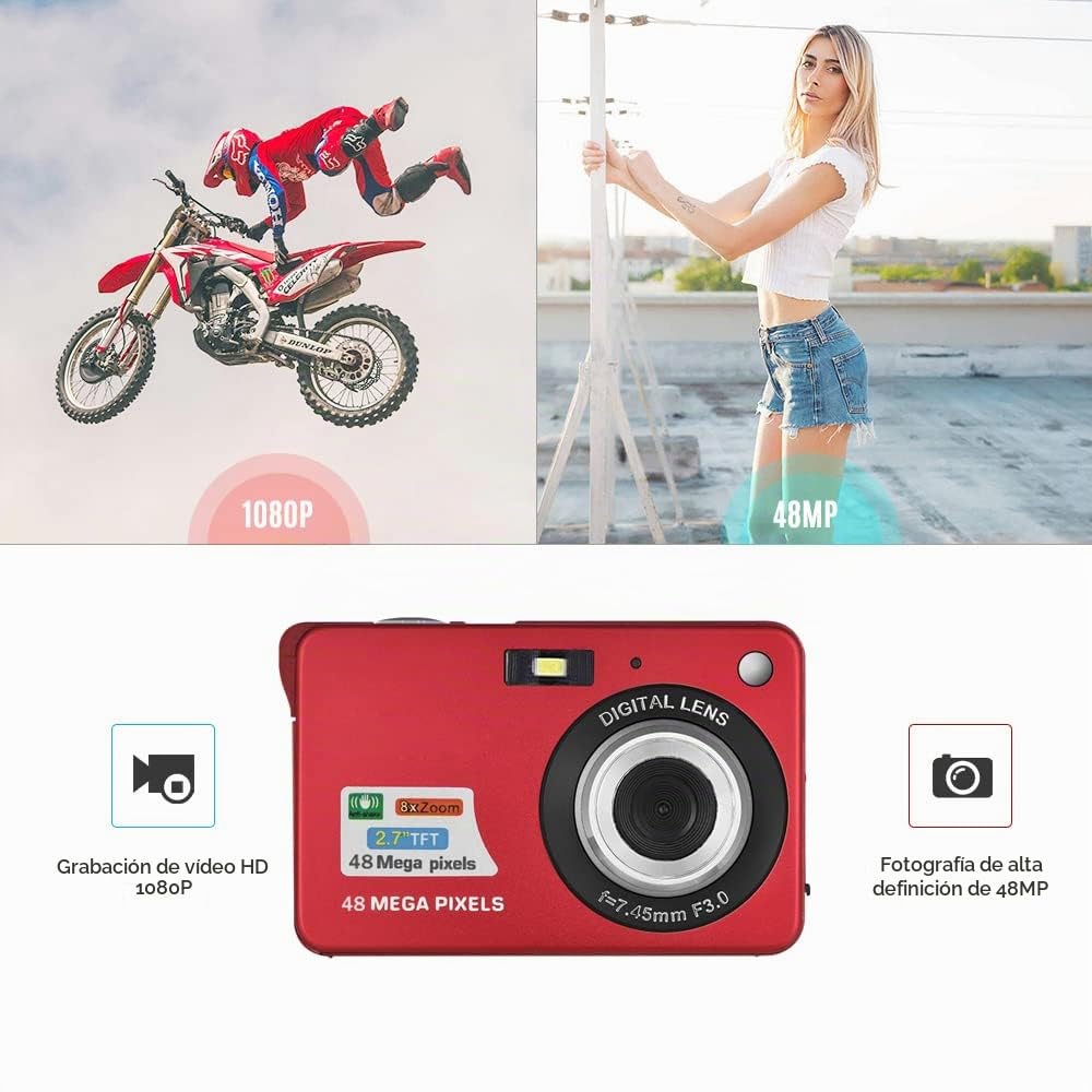 Andoer Compactas Cámaras Digitales, 1080P 48MP Camara Fotos Digital Zoom 8X Pantalla LCD de 2.7" con bolsa de transporte Correa de muñeca para Principiantes, Niño, Adulto, plata