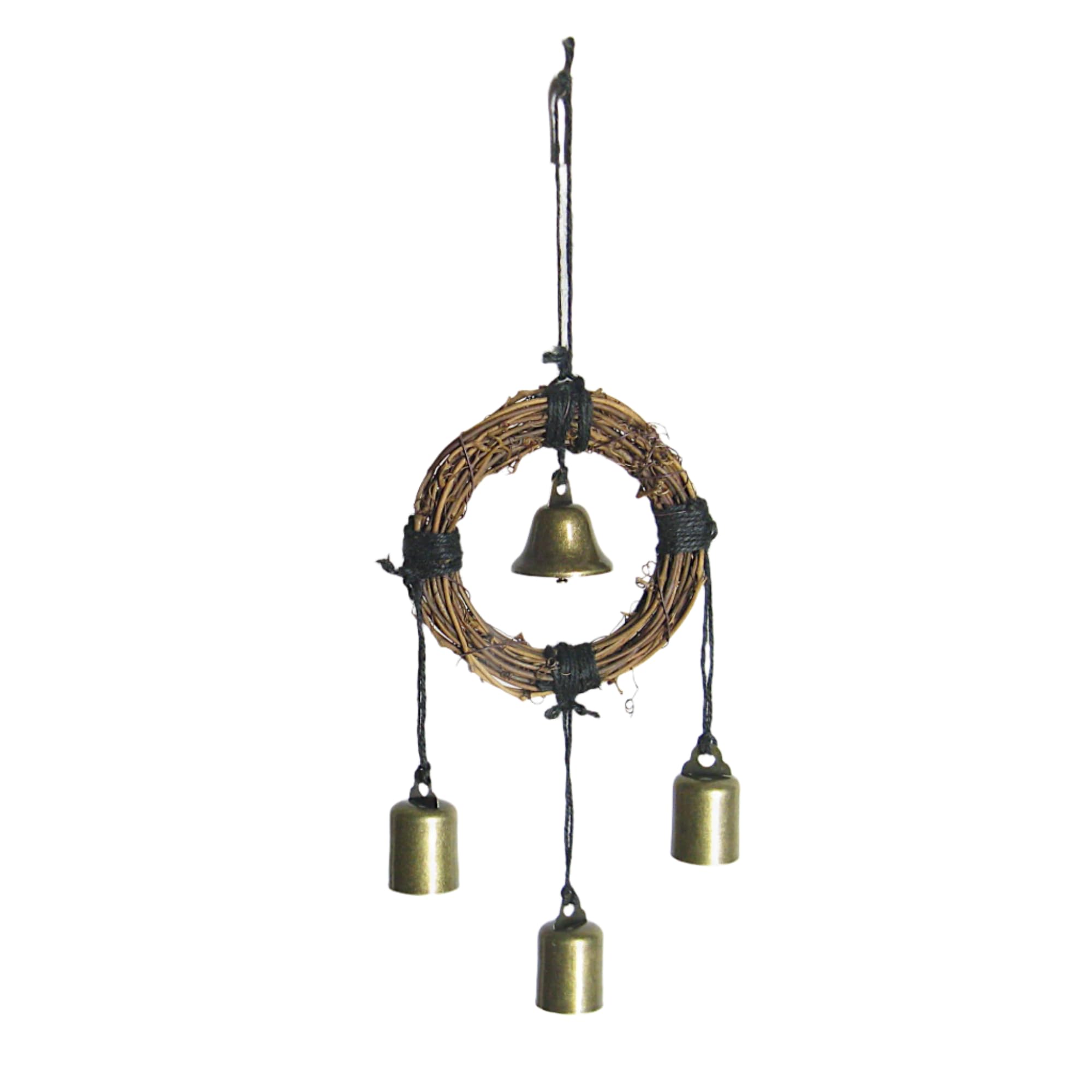 Hanging Witch's Bell w/Small Wreath, 4 Bells and Black Twine, Handmade, Wiccan Pagan Magical Door Home Decor Protection Altar Cleansing Wall Hanging Decoration