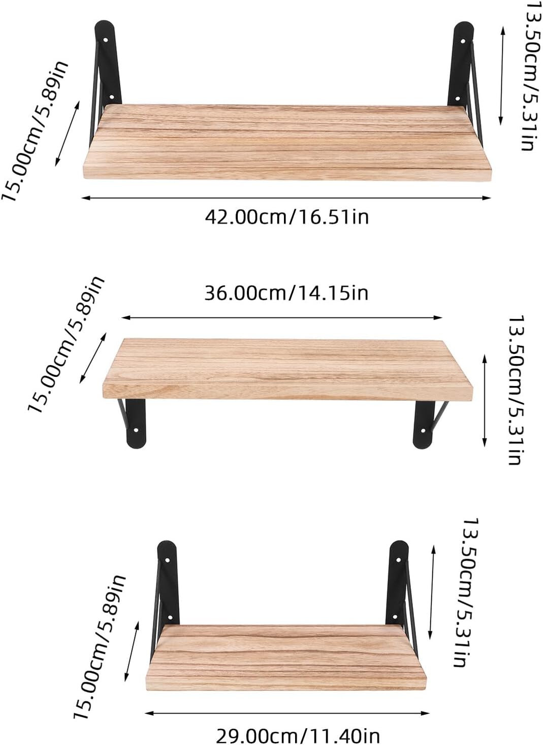 Rustic Style Wall Mounted Floating Shelves 3pcs Set Light Wood Wall Shelf for Bedroom Living Room Home Décor Storage