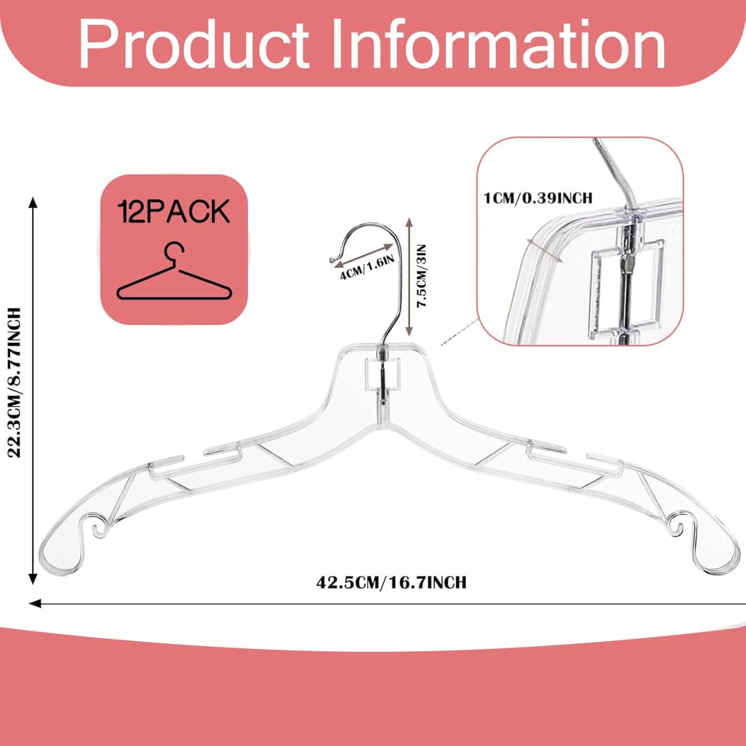 12 Pack Clear Plastic Hangers, 16.7 Inch Shirt Hanger, Clear Acrylic Hanger with 360 Swivel Metal Hook and Notches, Space Saving Heavy Duty, Dress Hangers for Clothes Shirts Dresses