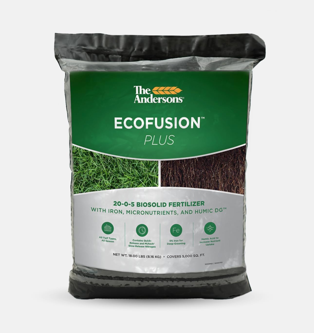 - The Andersons Professional Ecofusion™ Plus 20-0-5 Biosolid Fertilizer with Humic Acid, Iron and Micronutrients 18 lb. Bag - Covers up to 5,000 sqft.