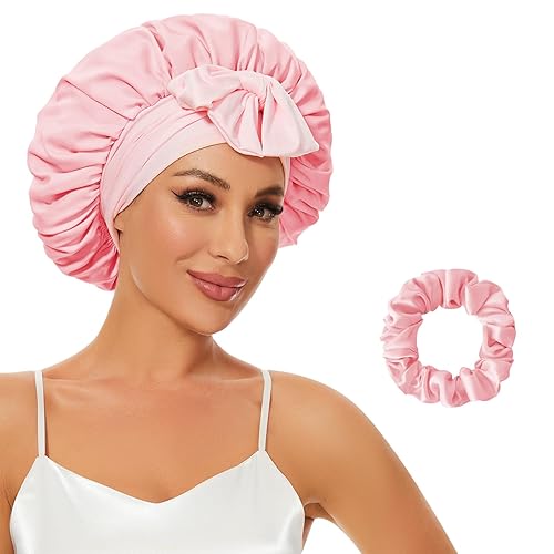 Gorro de seda para dormir, gorro de satén grande para mujer, envoltura para cabello rizado afros con banda de corbata (rosa)