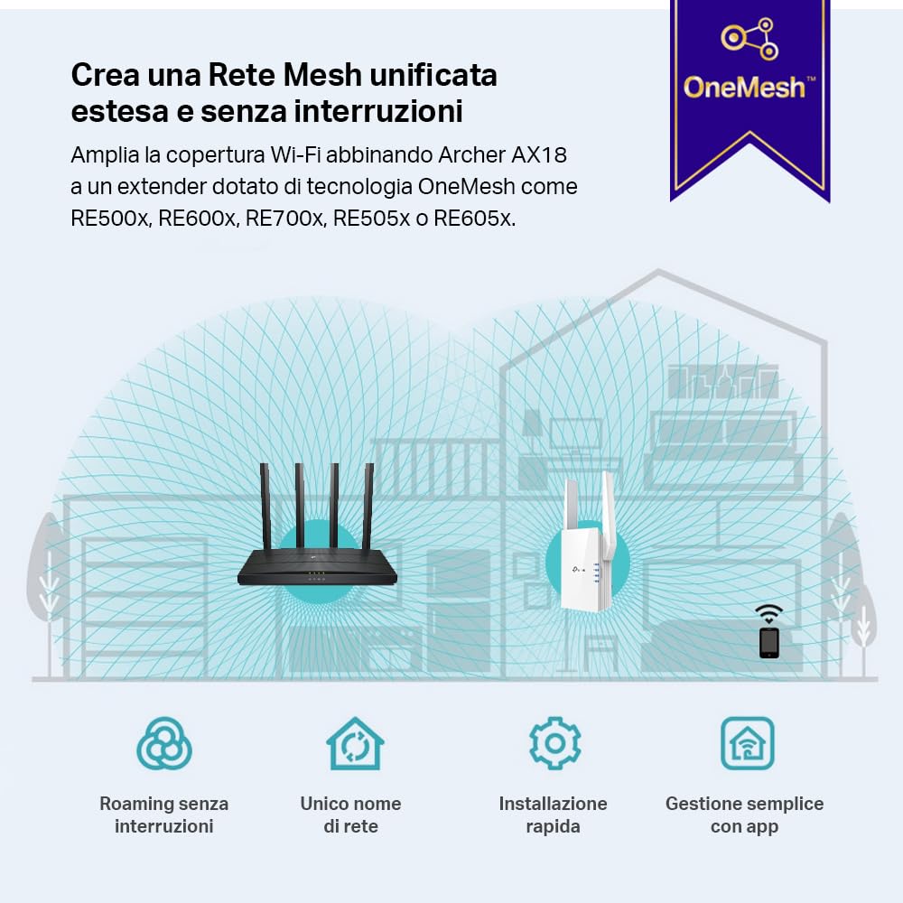 TP-Link Archer AX18 AX1500Mbps Router WiFi 6 Dual-Band, 4 Porta Gigabit, 1201Mbps su 5 GHz e 300Mbps su 2,4 GHz, 4 Antenne Ad Alto Guadagno, Parental Control, Rete Ospiti, QoS, OFDMA, EasyMesh, WPA3