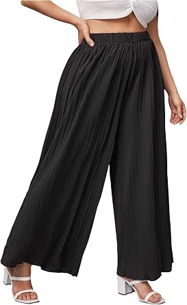 WDIRARA Womens Plus Size Pleated Elastic Waist Wide Leg Casual Long Pants