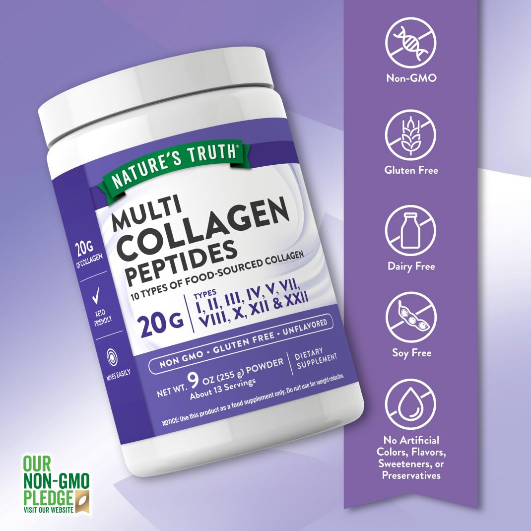 Polvere proteica multi collagene | Tipi I, II, II, V e X | Collagene idrolizzato di bovini, pesci, pollo e guscio d'uovo | Nature's Truth | 10 tipi di collagene | Non aromatizzato | Integratore Keto Friendly, non OGM e senza glutine
