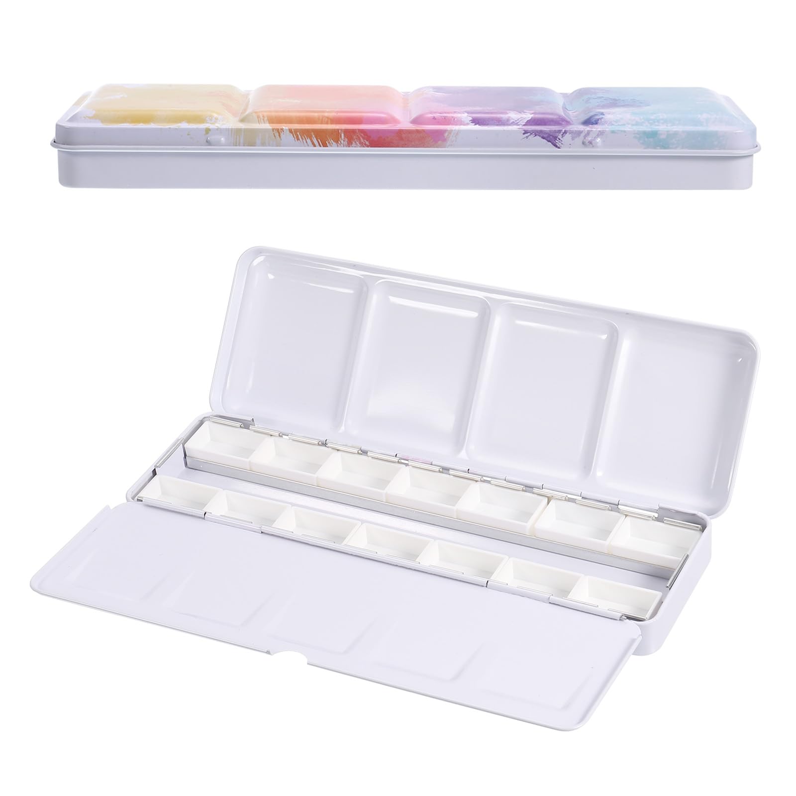 PATIKIL Paleta de acuarela vacía lata de metal con 14 compartimentos y tapa estuche de pintura con 14 caromaes completos para viaje pintura al gouache y óleo 14 caromaes vibrantes