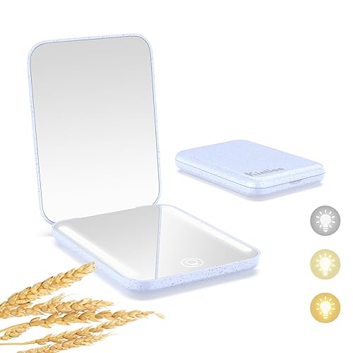 Kintion Espejo de bolsillo recargable, material de paja de trigo, aumento 1X3X, espejo compacto portátil, seguridad y protección del medio ambiente,