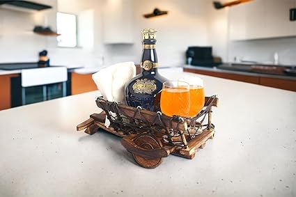 Wooden Cart Shaped 1 Wine Bottle and 2 Glass Holder Handmade Wooden Cart for Gift Table Item- - Movable and Sturdy - Export Quality