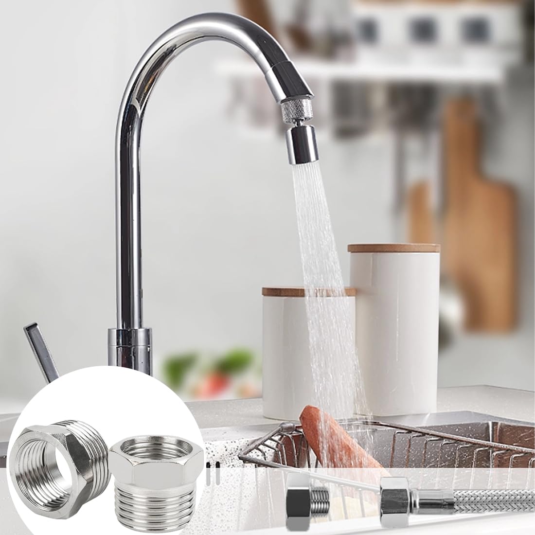 AAED Verloopstuk 1/2 naar 3/8, mofnippel roestvrij staal, schroefdraadfitting, reduceerverlenging, universeel, 4 stuks, robuust en duurzaam, voor water, gas, chroom