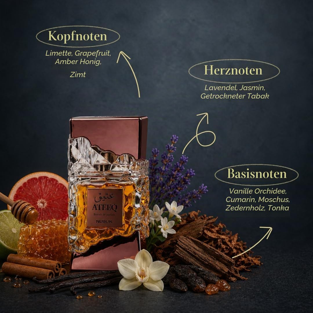 Nusuk Ateeq Herrenparfum - 100 ml | Langerhaltender Parfümextrakt | Noten von Zitrusfrüchten, Gewürzen und Holz | Kühnes männliches Luxusparfum
