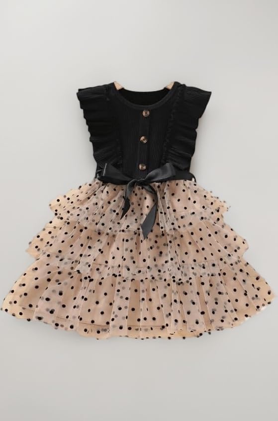 Toddler Girls Polka Dot Ruffle Trim Belted Mesh Dress Floral Pattern Frock for Girls (KD-1015)