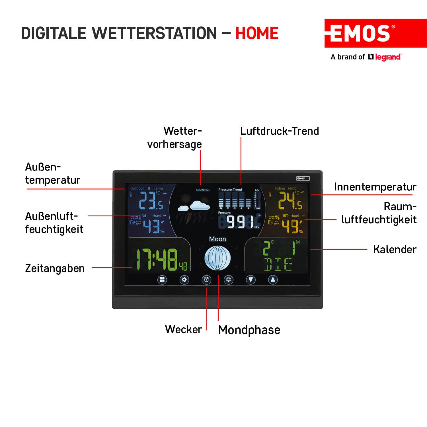 EMOS - Funk-Wetterstation mit Außensensor - Touchscreen-Farbdisplay, Thermometer, Hygrometer, Barometer, Wettervorhersage - DCF Funkuhr - 13 Funktionen - inkl. Netzteil, Wand-/Tischhalterung