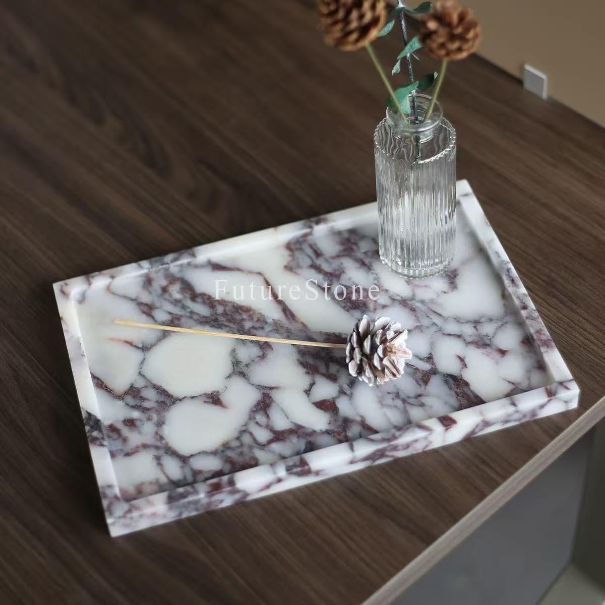 Natural Marble Decor Tray - Hand-Polished Luxury Organizer for Vanity, Bathroom | Cosmetics Perfume Jewelry Display Tray (Calacatta Violet, 12" x 8" x 0.7")