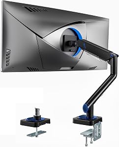 ARES WING Ultrawide Monitor Arm for 17"-49", Black | Single Monitor Mount Holds up to 44lbs, Heavy Duty Mechanical Spring Monitor Stand, 75/100 VESA Mount, Clamp/Grommet Base