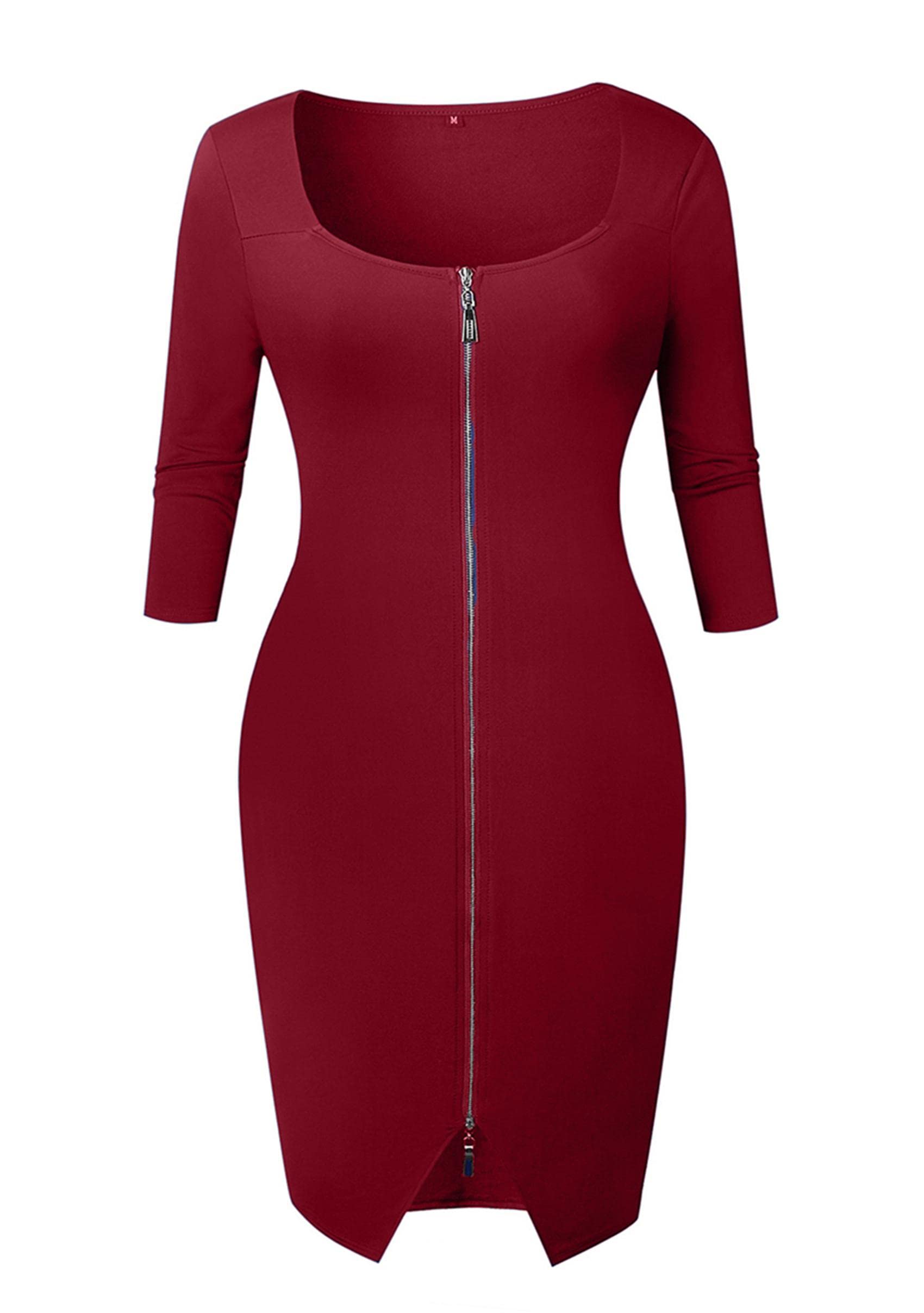 YMING Womens Zipper Front Bodycon Dress 3/4 Sleeve Midi Dresses Sexy Solid Color Club Dress: XX-Large Wine Red