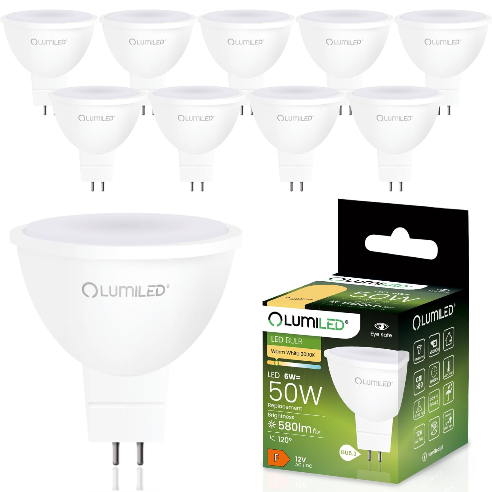 Lumiled 12V GU5.3 LED Lampen Leuchtmittel Spot 10 Stück Set, MR16 6W (entspricht 50W) 3000K Warmweiß 580 Lumen 120° Abstrahlwinkel Nicht Dimmbar