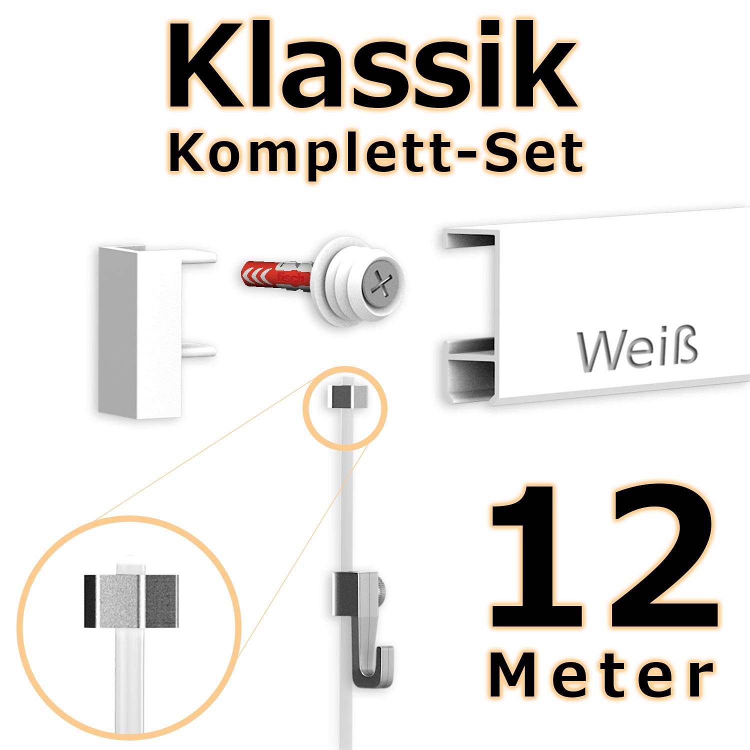 hang-it 12 Meter Bilderschienen Galerieschienen - Komplett Set in weiß