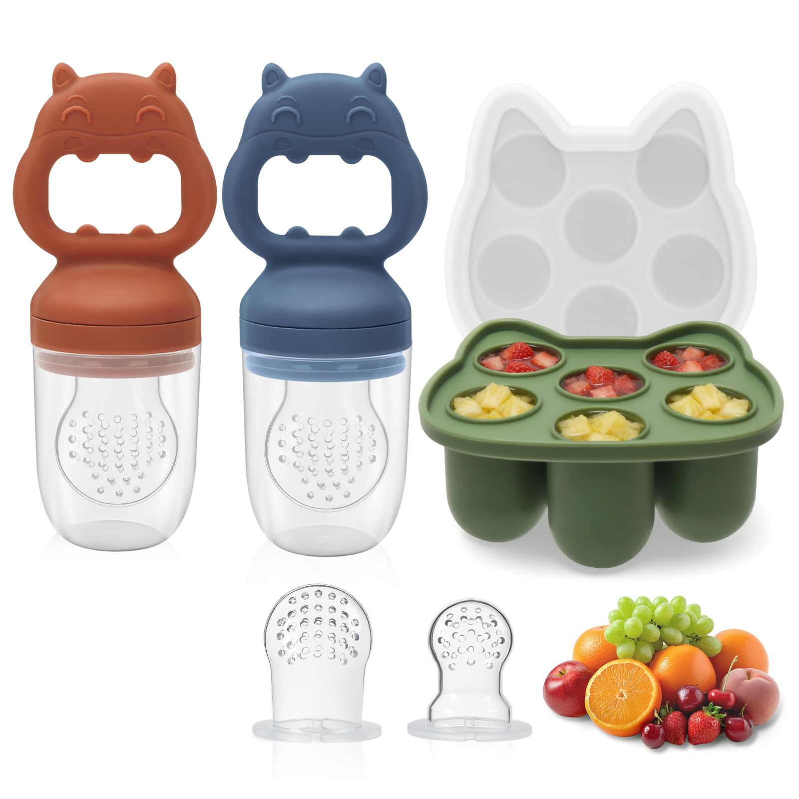 MR.TIMELAG Fruchtsauger Baby, 2 Stück Silikon Obstschnuller(mit Eiswürfelform) | Muttermilch-Eiswürfelform zum Abkühlen des Babys, BPA-freies Silikon, für Obst, Gemüse & Babynahrung Beißring