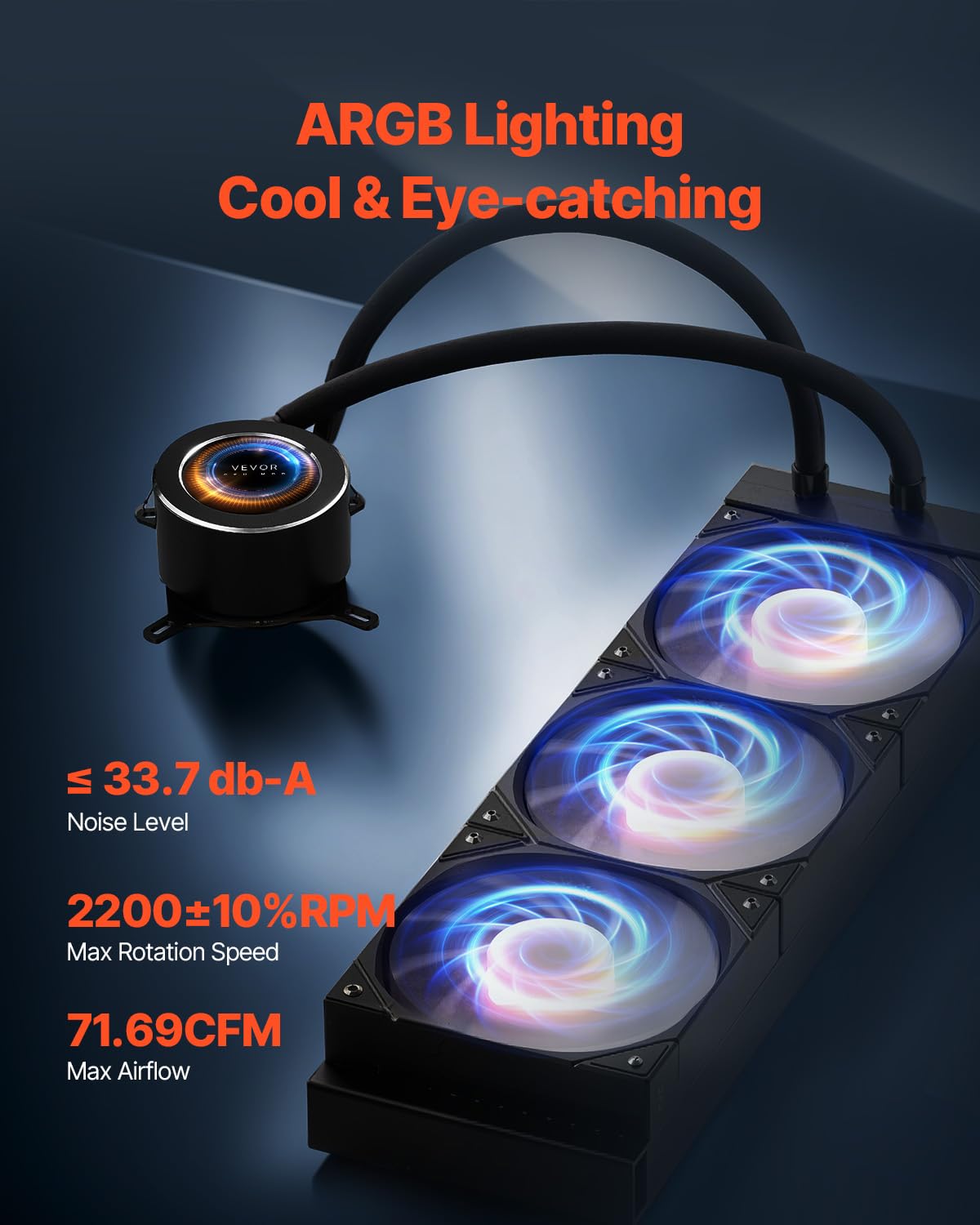 VEVOR Chłodnica cieczy CPU, AIO-CPU – 3 x wentylator i pompa PWN 120 mm, chłodzenie wodą PC z wyświetlaczem LCD 5,3 cm i światłem ARGB, do Intel 115X/1366/2011/1700/1200, AMD AM4/AM5