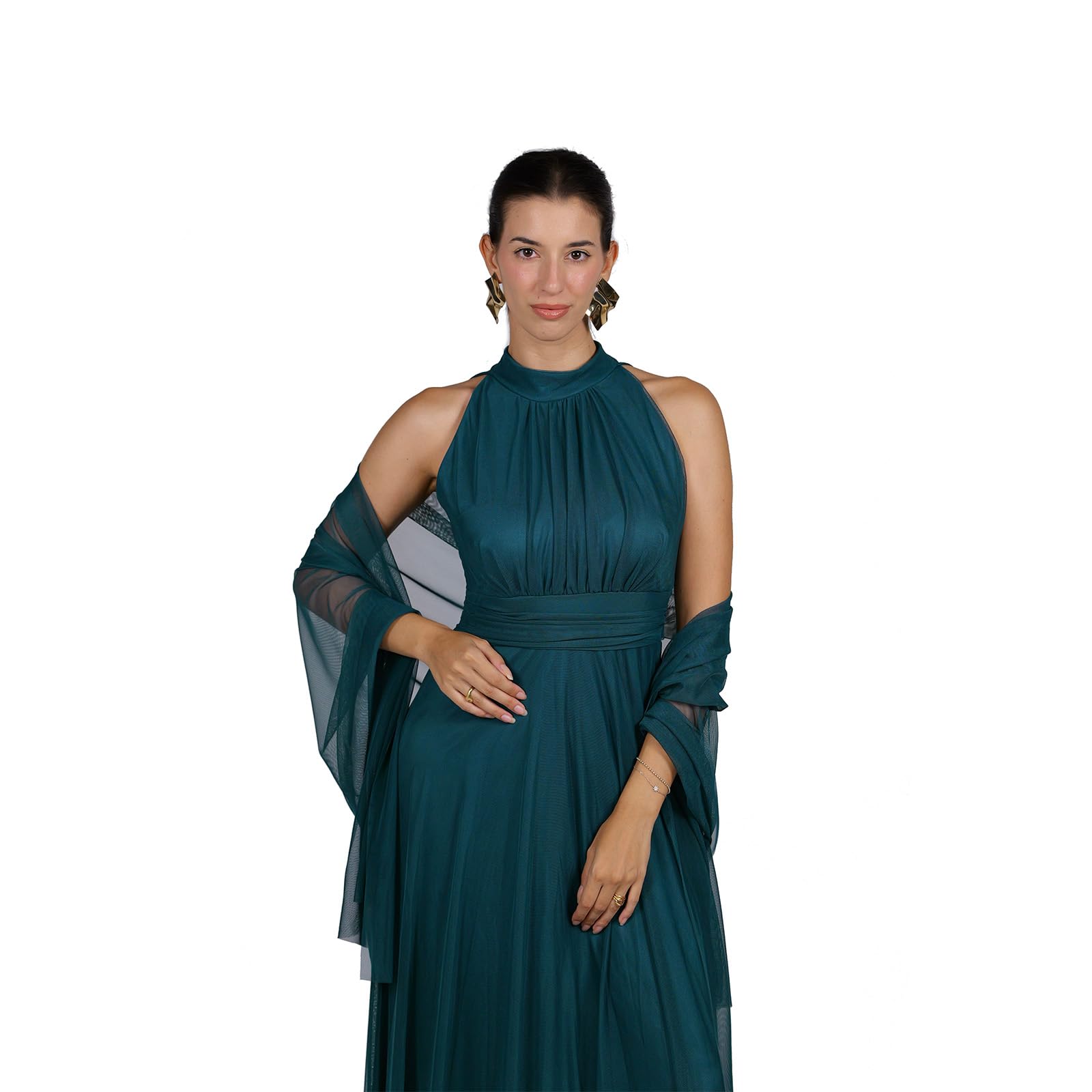 Vestido largo elegante para mujer con estola a juego – Cuello alto sin mangas, línea fluida de tul – Vestido de ceremonia Made in Italy