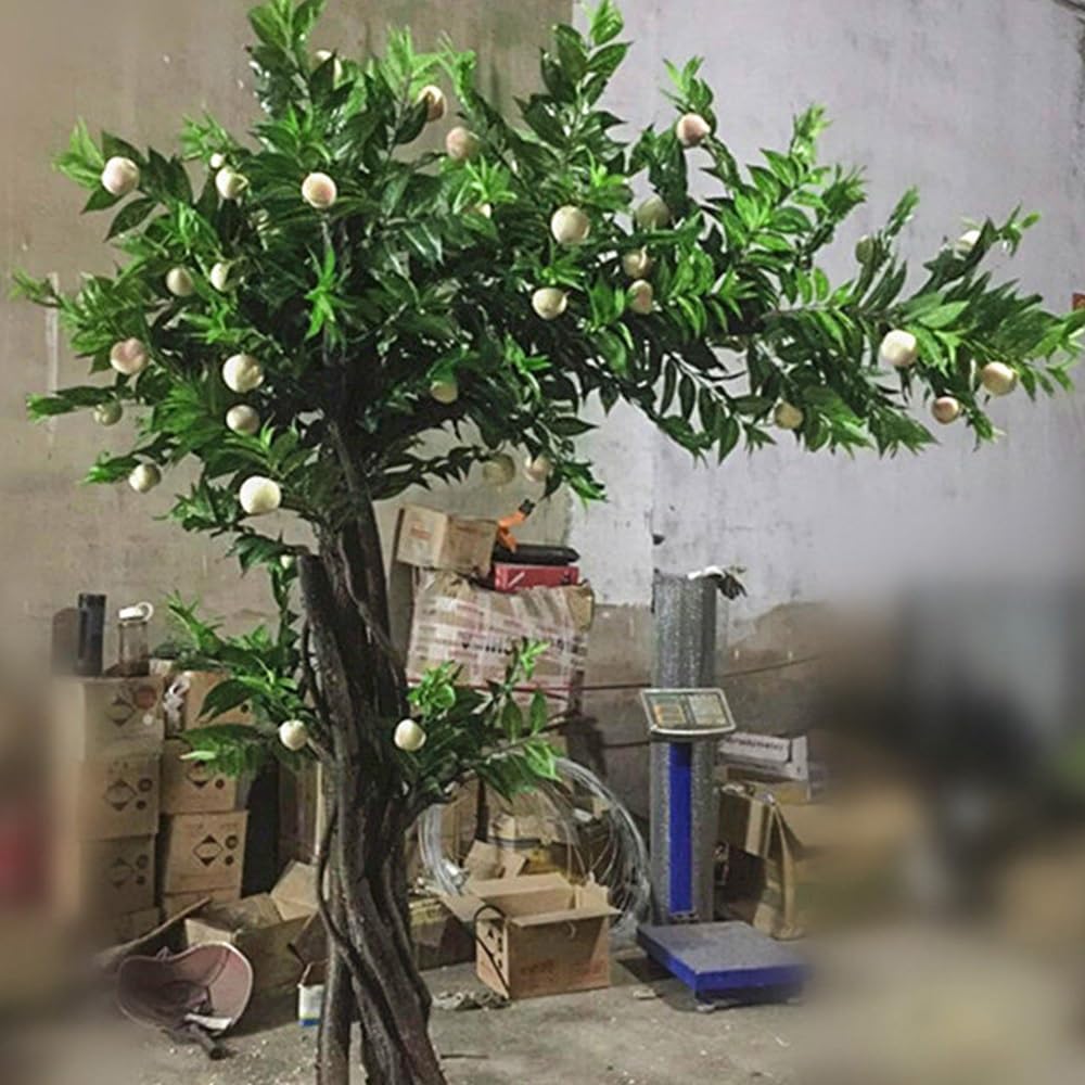 Large Twisted Trunk Artificial Peach Tree, Realistic Faux Fruit with Green Leaves & White Fruits, Fake Fruiting for Indoor Outdoor Home Garden(3mx2m)