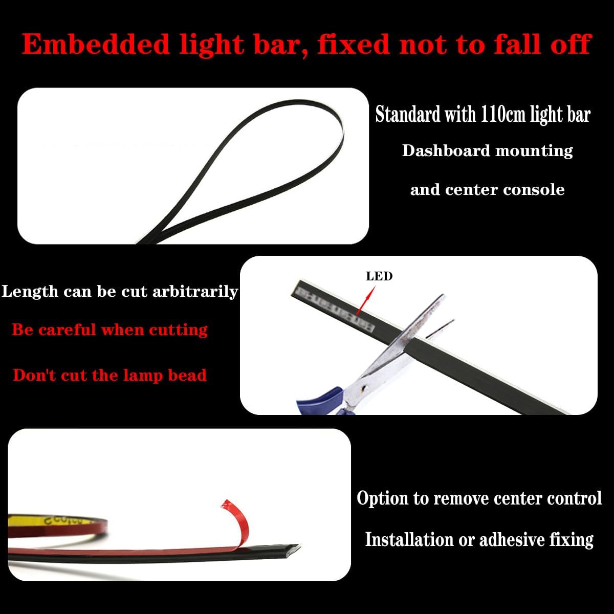 LED Interior Car Strip Light, Multicolor RGB 9 in 1 Optic Ambient Lighting Kits，Dual Control with Switch and A P P, Neon Lights On Car Dashboard with Music Sync Mode (9 in 1)