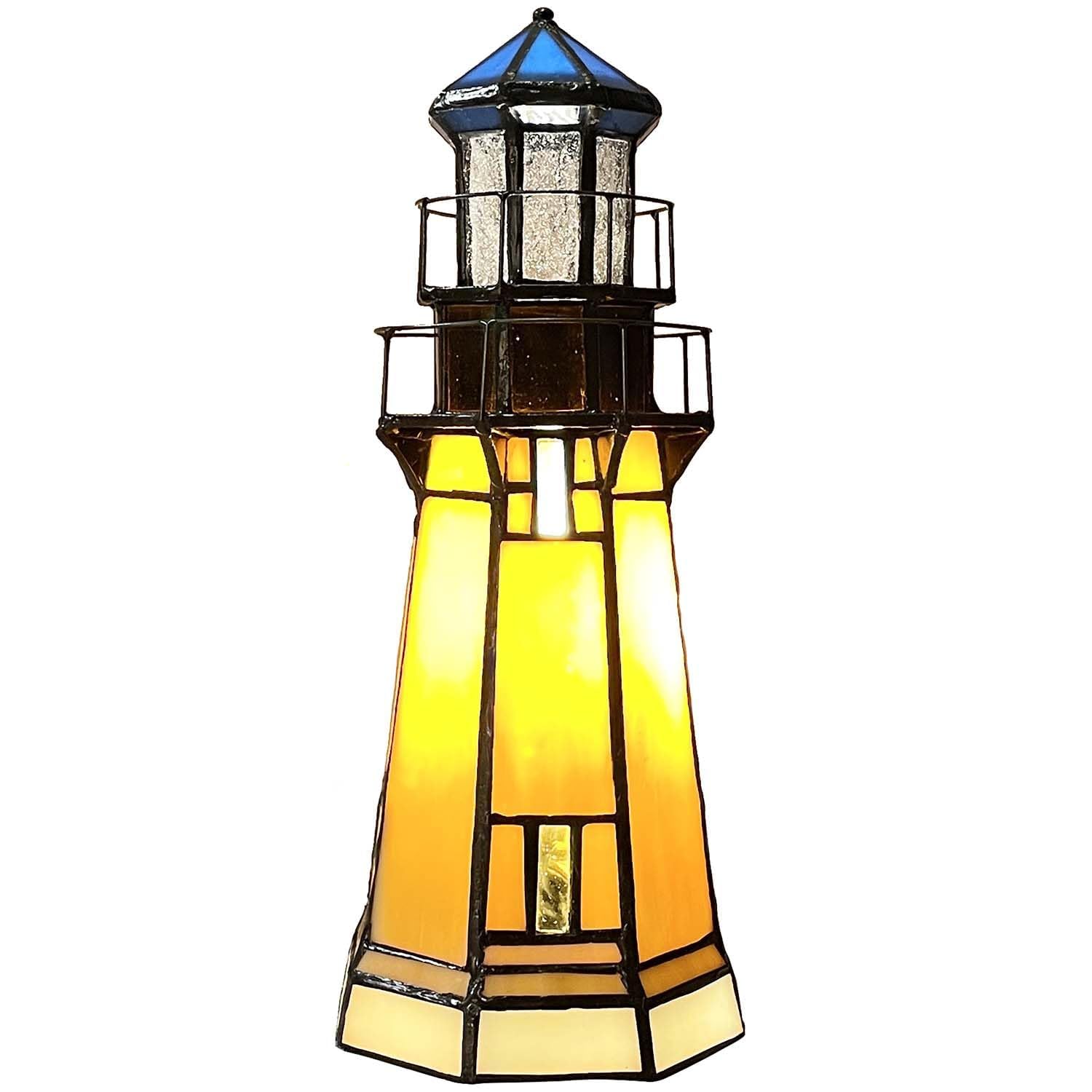 Bieye L50979 Lighthouse Tiffany Style Stained Glass Accent Table Lamp Night Light for Home Decoration (Orange 2, 4.3" x 4.3" x 9.5")