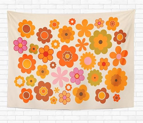 Tapiz decorativo para el hogar, para colgar en la pared, color naranja, flores vintage de los años 70, poder verde, retro de los años setenta, 50 x