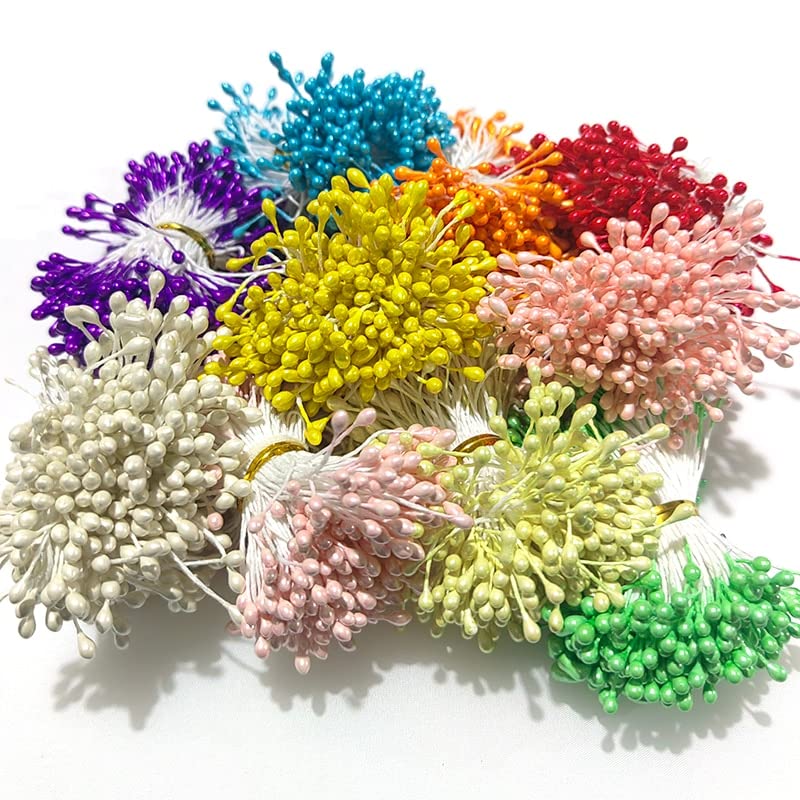 Queenbox 5mm 800pcs Double Heads Artificial Flower Stamens Buds Floral Pistil Stamens For Flower Making Headwear, Mixed 10