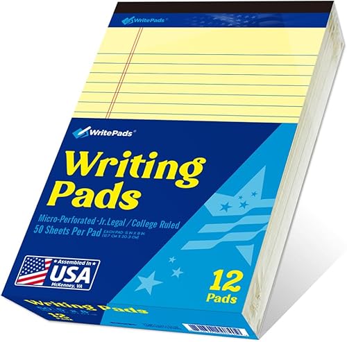 KSU-8409 - Bloc de notas legales de 5 x 8 pulgadas, rayas universitarias, papel canario, paquete de 12, 50 hojas por bloc de escritura, bloc de