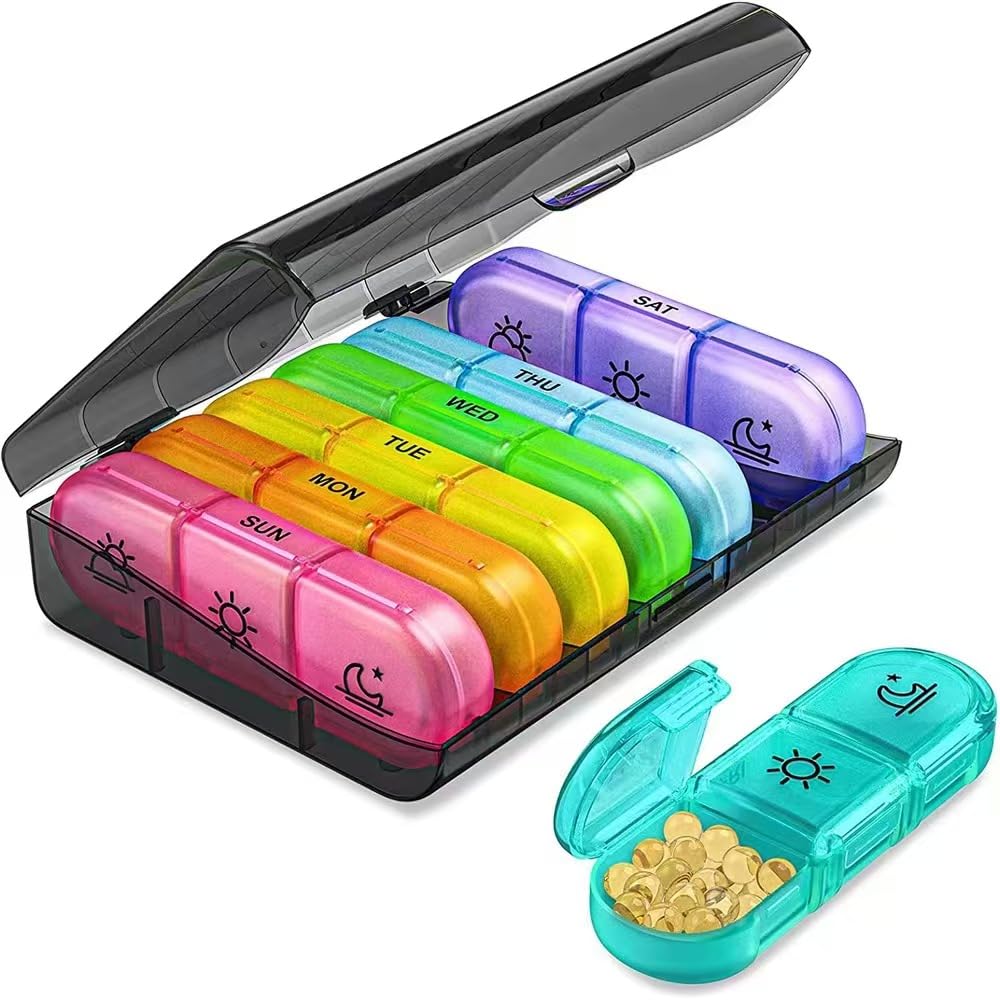 Weekly Pill Organiser Box with AM PM Compartments, 7 Days Medicine Storage Case, Rainbow Colours, 16 x 12 x 4 cm-image-7