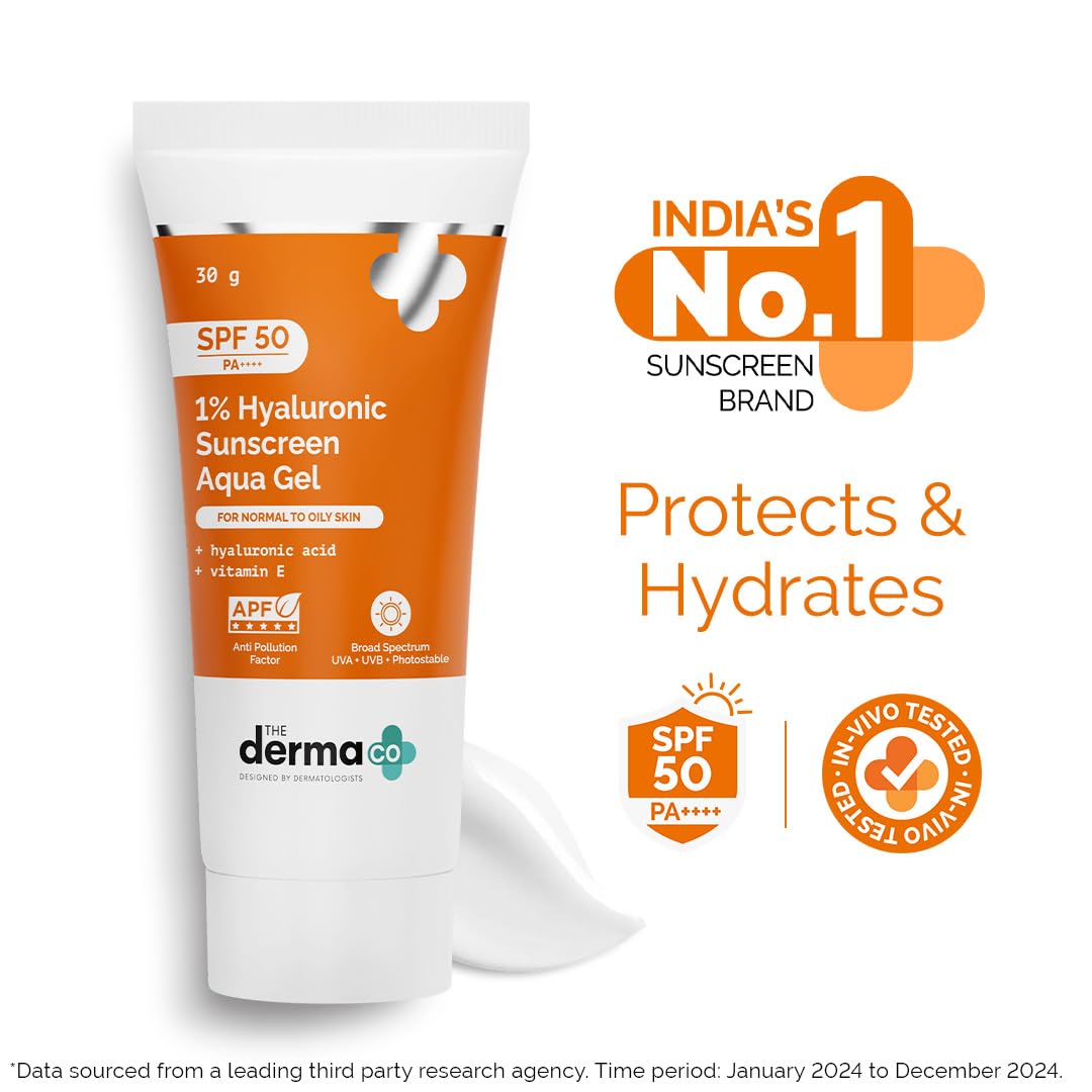 The Derma Co 1% Hyaluronic Sunscreen Aqua Gel SPF 50 PA++++ | Hydrating, Lightweight & Non-Greasy | No White Cast | Broad Spectrum & Blue Light Protection | Clinically Tested - (In-Vivo) | 30 g