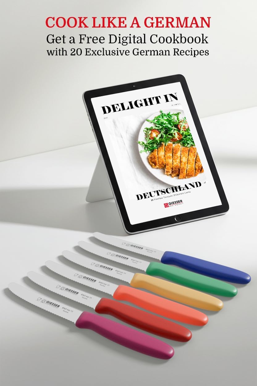 Giesser since 1776, Made in Germany, Serrated kitchen knives round tip dishwasher safe 4.5 inch - Tomato knife, Steak knive set of 6 (MIX Color)