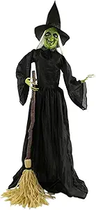Haunted Hill Farm 71-in. Witch with Broomstick Animatronic, Indoor/Outdoor Halloween Decor, Poseable & Talking Animated Halloween Prop, Battery Operated