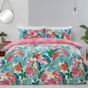 Sleepdown Tropisch Jungle Leaf Floral Teal Wit Roze Omkeerbaar Zacht Gemakkelijk te onderhouden Dekbedovertrek Quilt…