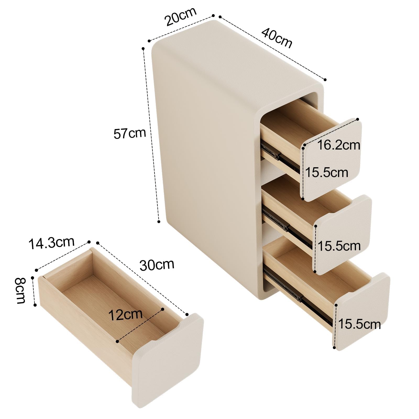 AQIMUELE Nachttisch, Schmal, Beistelltisch mit 3 Schubladen, Narrow Nightstand, Installationfrei, Kunstleder, für Schlafzimmer, Wohnzimmer, Breite 20 cm (weiß)