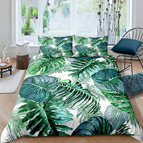 Loussiesd Girls Palm Leaf Comforter Cover Green Tropical Leaves Bedding Set Hawaiian Botanical Duvet Cover for Children Kids Women Nature Theme Bedspread Cover Room Decor Bedclothes Super King